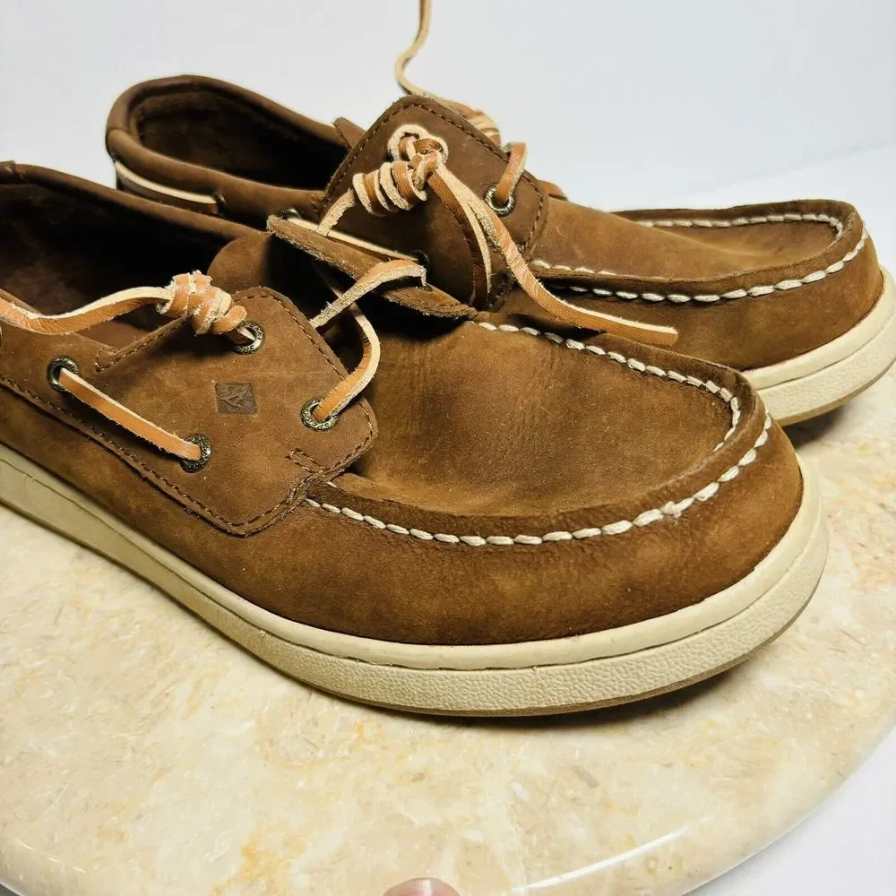 Sperry Boys Sz 4.5W Sperry Cup II Brown Leather Boat Shoes‎